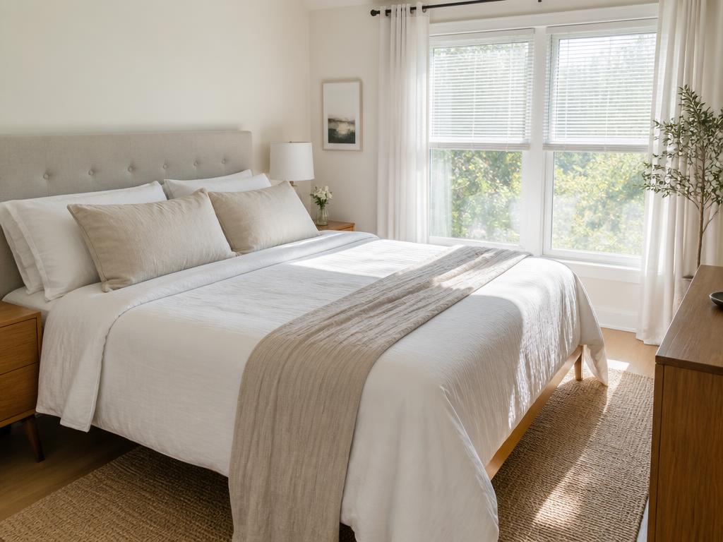 Freshly made bed in a tidy bedroom