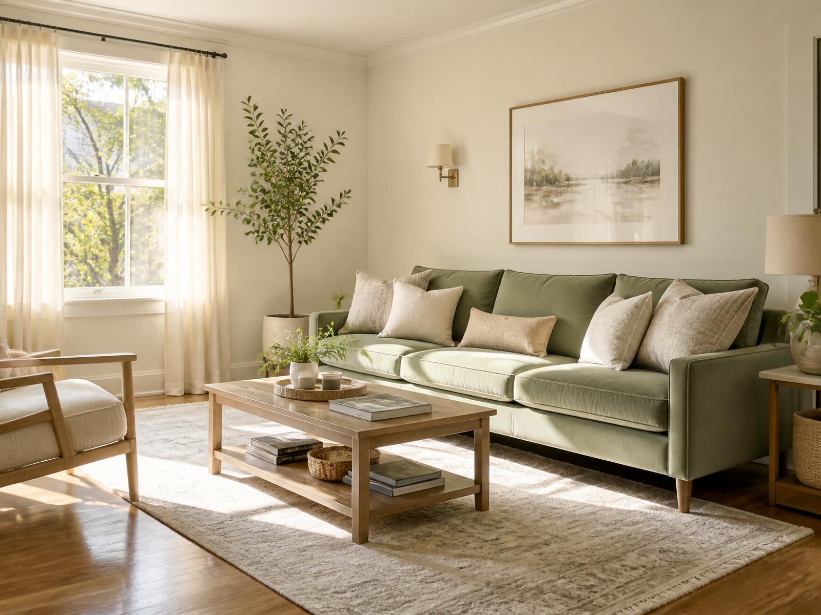 Sunlit living room with a sage green sofa, wooden coffee table and clean hardwood floor after a professional cleaning visit