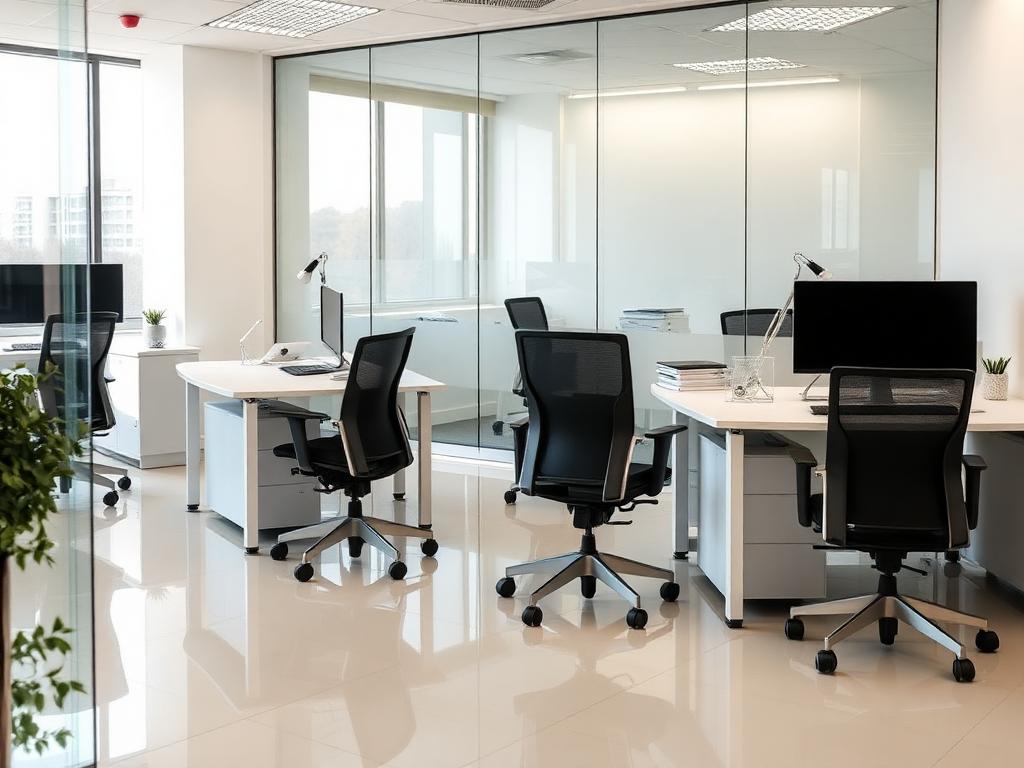 Bright modern small office with polished floors after cleaning