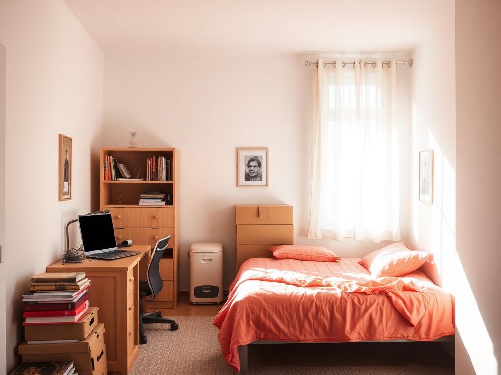 Tidy student apartment bedroom with a desk, laptop and moving boxes