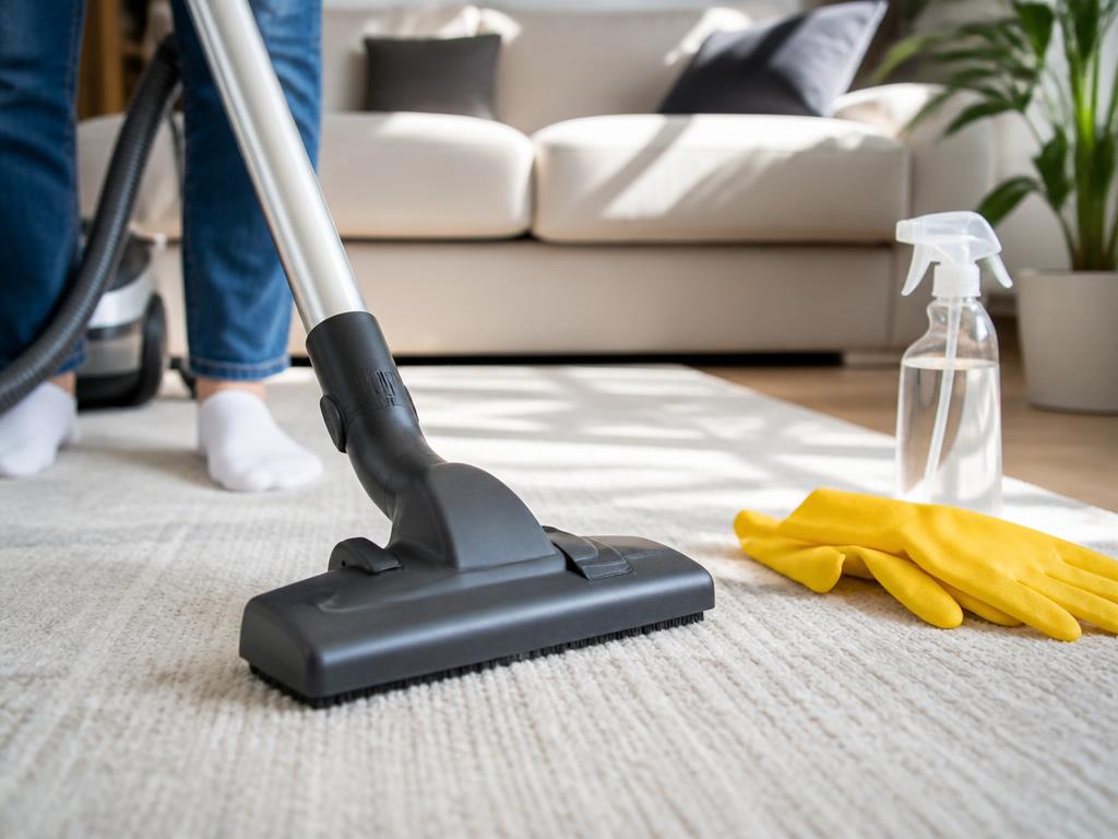 Vacuuming a living room rug